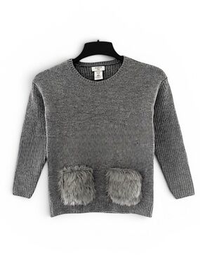 Aspen Girls Faux Fur Pocket Front Sweater Gray